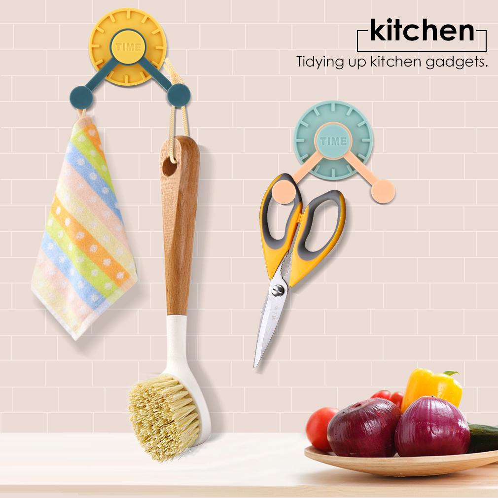 1Pc Time Clock Design Wall Hooks Self-adhesive Coat Hat Rack Hook 360° Rotation Clock Hook Bathroom Kitchen Accessories