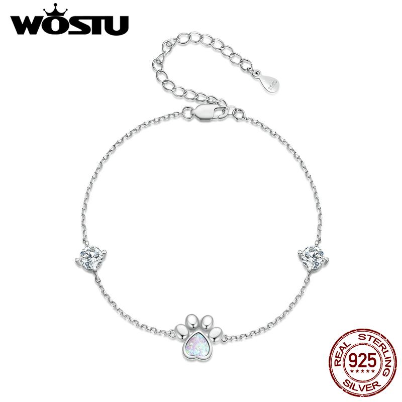 WOSTU 925 Silver Cut White Opal Cat Dog Paw Charm Bracelet For Women Lovely Girl Animal Chain Links Fine Jewelry Gift