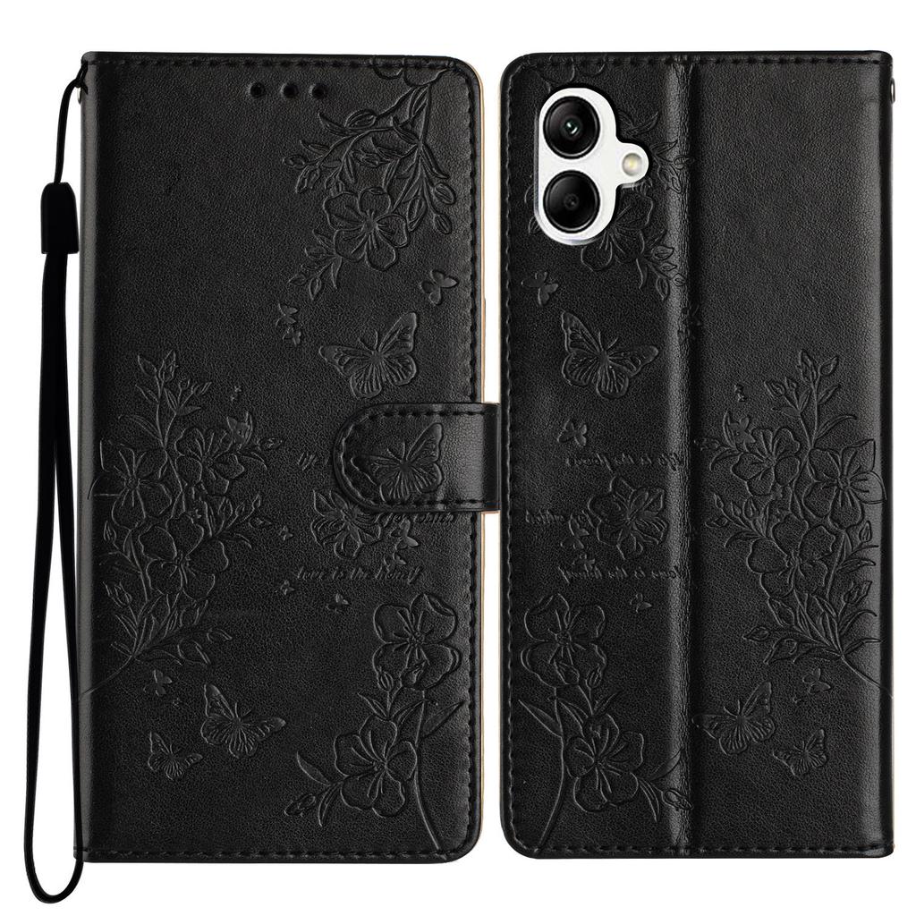 For Samsung Galaxy A07 Lommebok Telefondeksel Sommerfugl Blomster Preg Lær Flipdeksel med Stropp