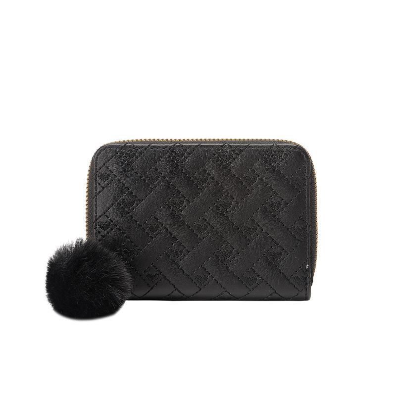 Ladies' Heart-shaped Embroidered Short Coin Purse, Fresh and Clean Fluffy Ball Pendant, Versatile Small Card Bag