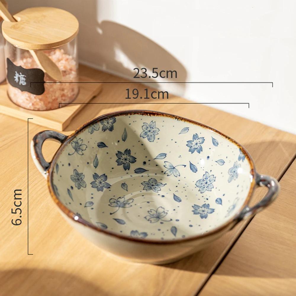 Flowers Plants Japanese Household Noodle Bowl Ceramic Soup Bowl with Handle Salad Bowl Kitchen Tableware Microwave Oven Secure