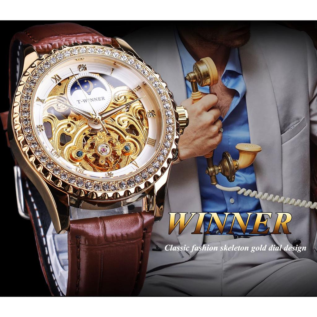T-Winner Men's Fashion Hollow Vintage Rhinestone Belt Watch Automatic Mechanical Watch