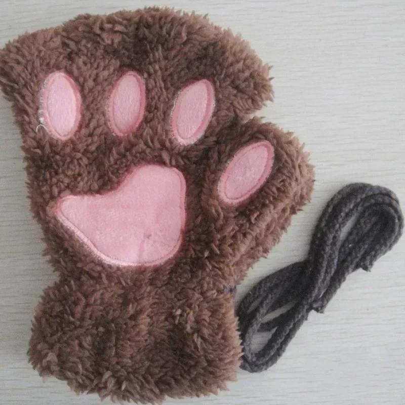 2026 Autumn Winter Kawaii Plush Cat Claw Paw Gloves Warm Soft Short Fingerless Fluffy Bear Mittens Costume Half Finger Gloves