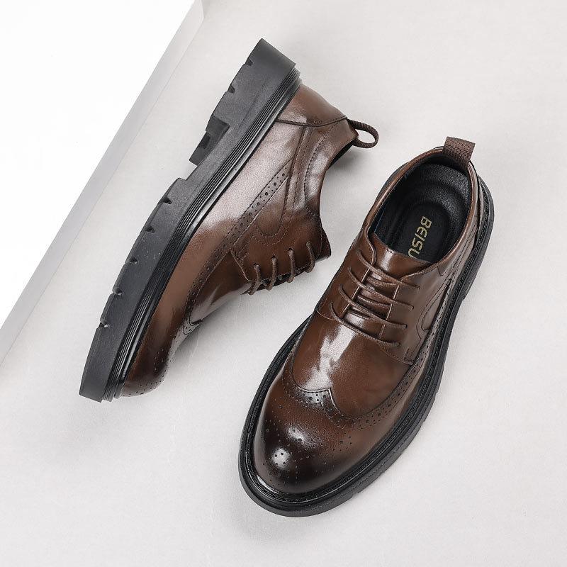 Genuine leather cowhide men's block carved leather shoes men's casual fashion wedding groom leather shoes