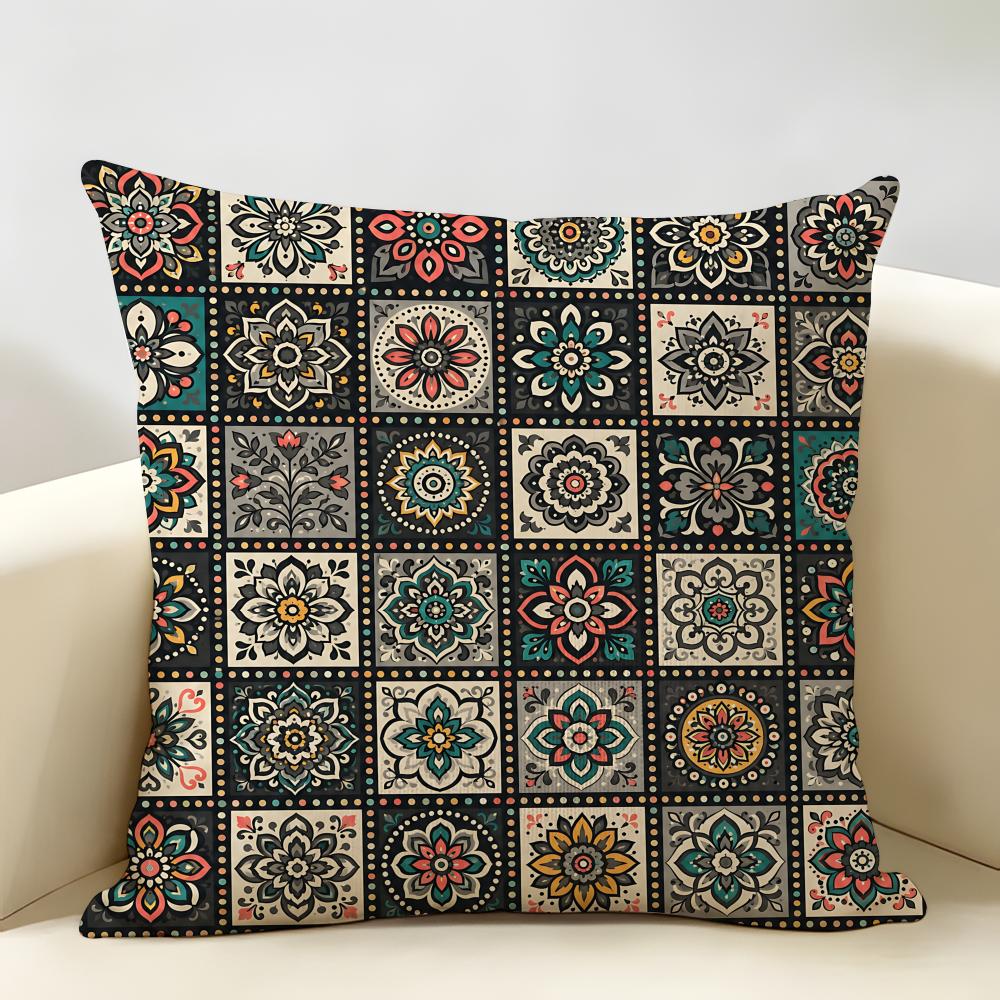 Vintage Bohemian Floral Grid Cushion Cover Natural Linen Organic Fabric DoubleSided Printing Room Sofa Decor Pillow Case