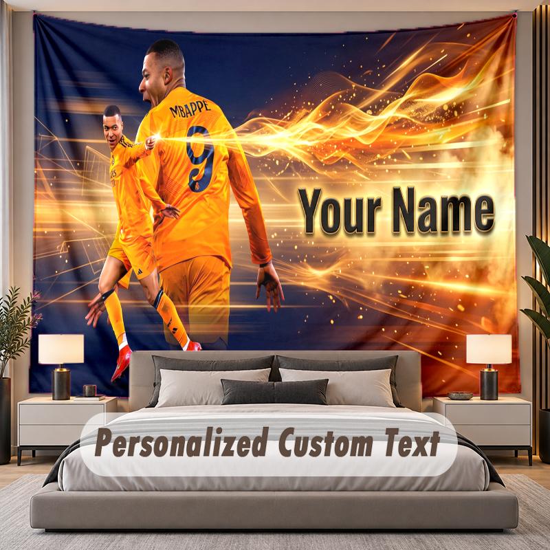 Custom Name Text Tapestry Kylian Mbappe Personalized Polyester Wall Tapestry For Bedroom And Room