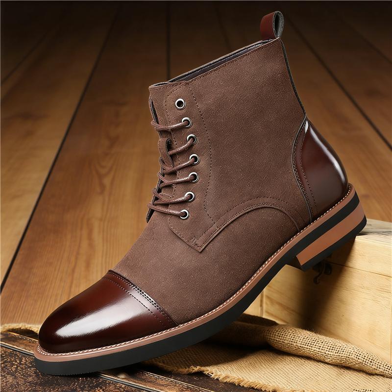 New Designer Pointed Mixed Color Lace Up Business Casual Ankle Boot for Men Winter High Tops Motorcycle Chelsea Leather Shoes
