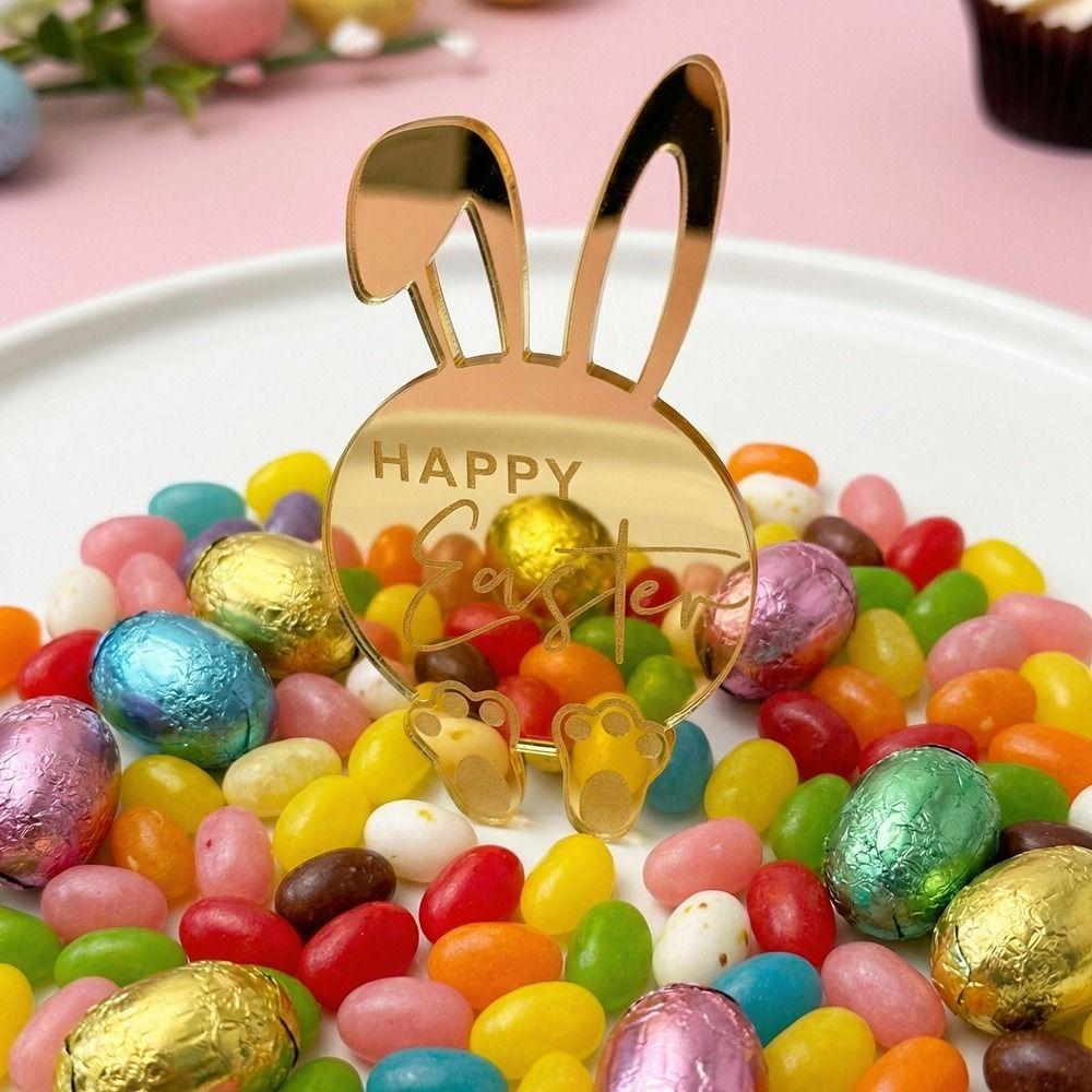 6pcs Happy Easter Cupcake Decor Toppers Cartoon Easter Bunny Ornament Bunny Pattern Tags  Gift Tags