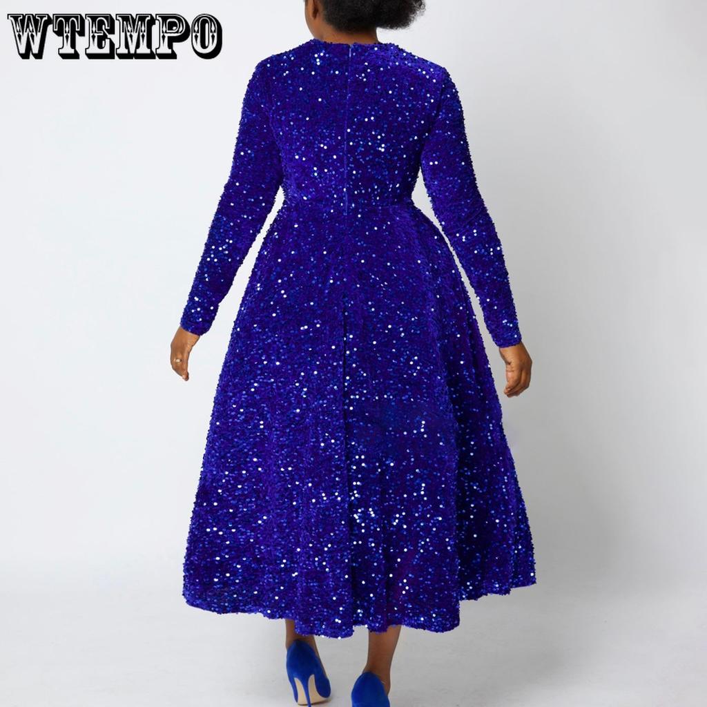 Sukienki damskie z okrągłym dekoltem, długim rękawem, jednolitym kolorem, cekinami, wysokim stanem, o średniej długości