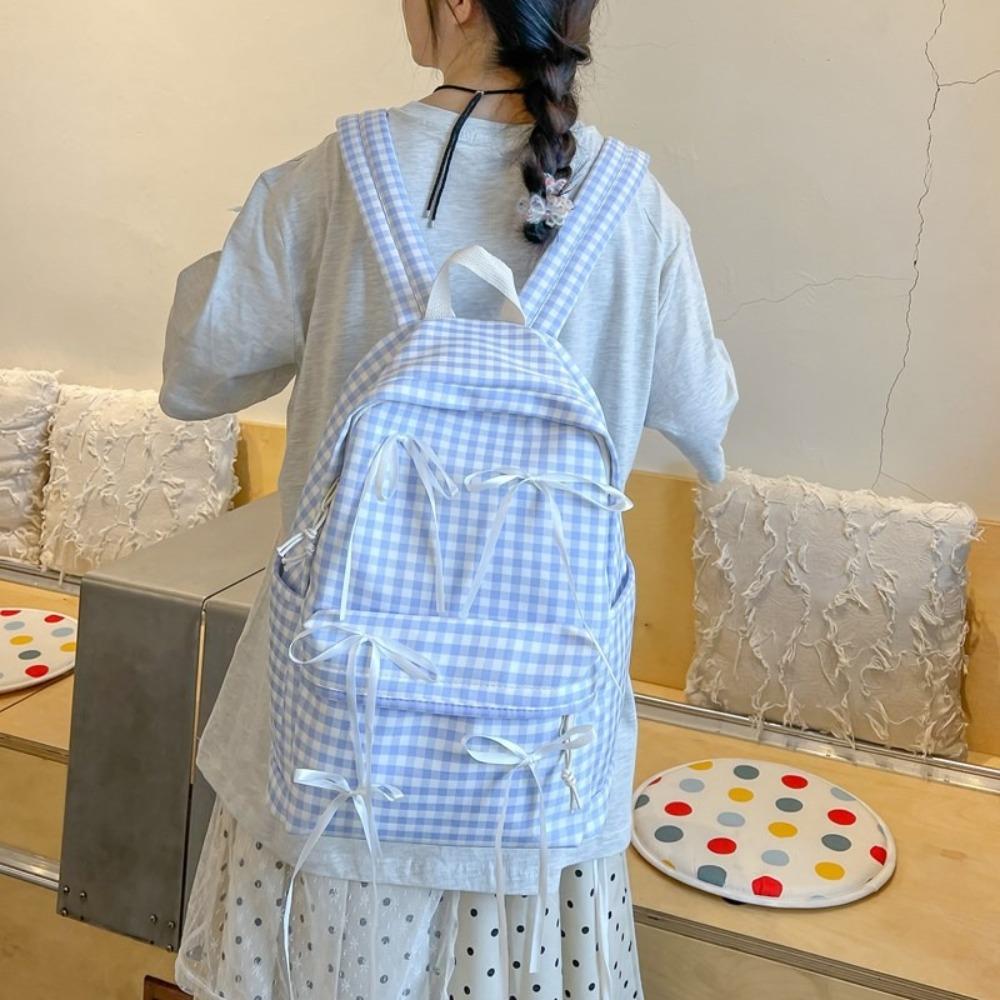 New Ribbon Bow Students Backpack Y2k Large Capacity School Bag Plaid College Backpack Students