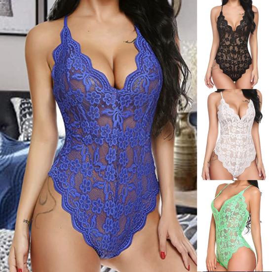 Deep V Neck Sling Bodysuit Underwear One Piece Sexy See Through Lace Pajama