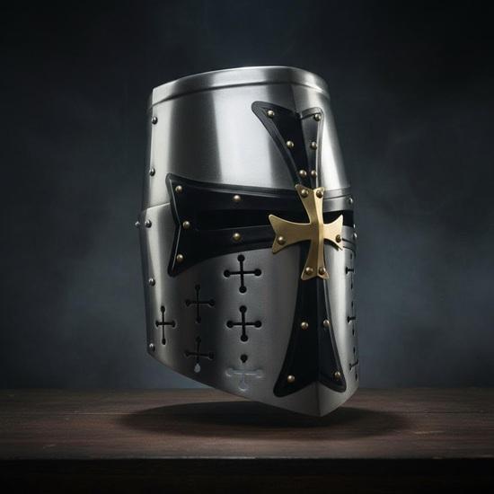 Średniowieczny Hełm Krzyżowca Templariusza, Srebrny Stalowy Hełm Rycerza z Mosiężnym Krzyżem do Kolekcji Cosplay
