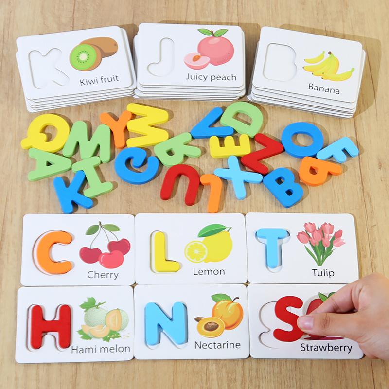Children's Wooden Toys English Letter Cognitive Card Baby Enlightenment Early Education Fruit And Vegetable Puzzle Game Gift