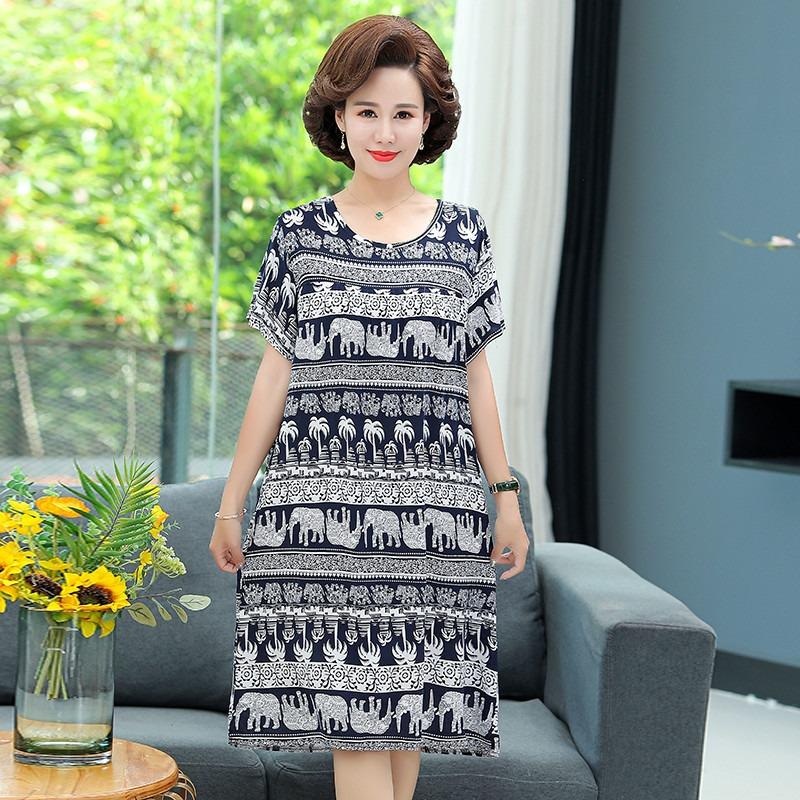 Mom summer dress medium and long pure cotton silk nightdress year-old new Chinese women's knee skirt