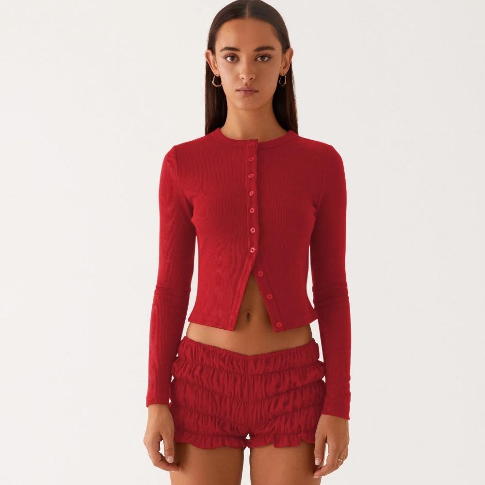 

VAYLA Women s Ribbed Cardigan Tops Solid Color Long Sleeve Round Neck Button Up Cropped Sweaters Female Casual Pullovers S червоний