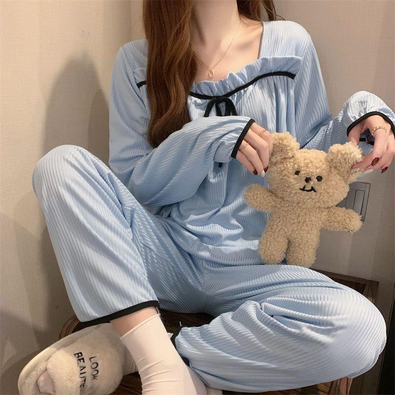 

Женский пижамный комплект с длинным рукавом - Повседневная трикотажная домашняя одежда синий