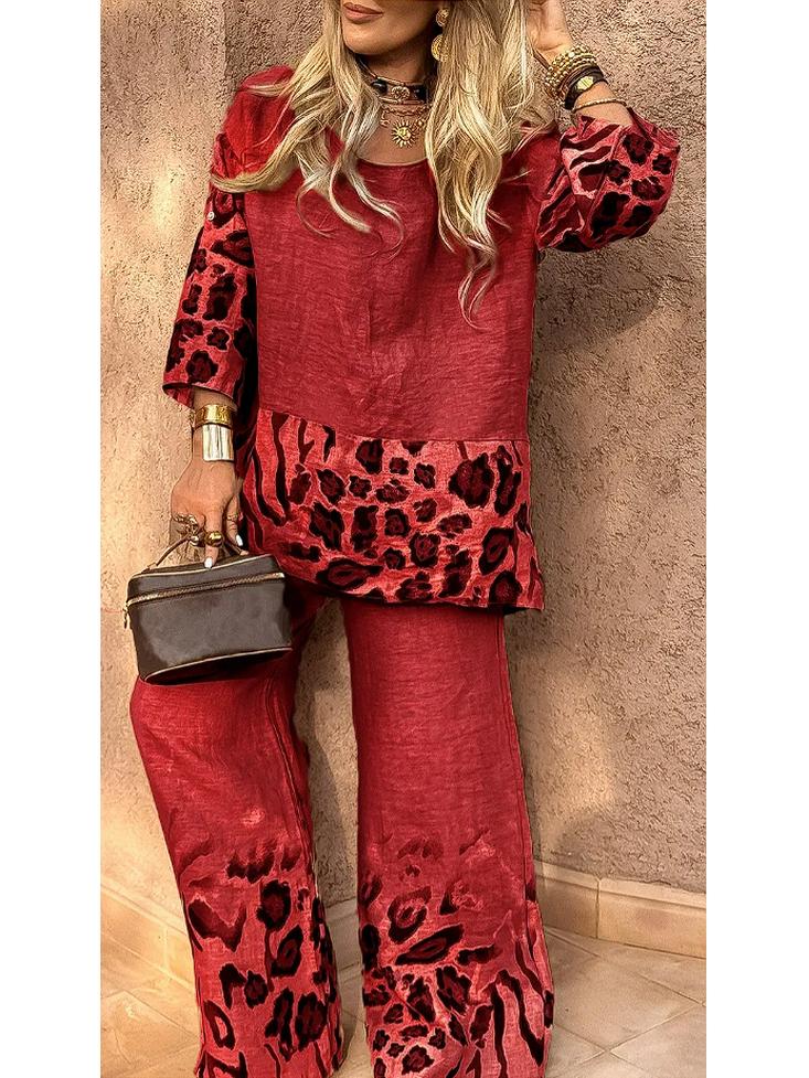 2025 Women's Casual Leopard Print Cotton Linen Two-Piece Set