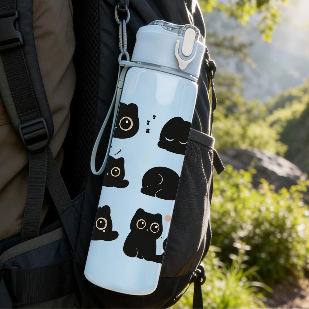 1PC Black Cat Face Repeat Pattern 750ml Color Plastic Sports Water Bottle Leakproof Flip Straw Lid Suitable for Sports Office Home Use