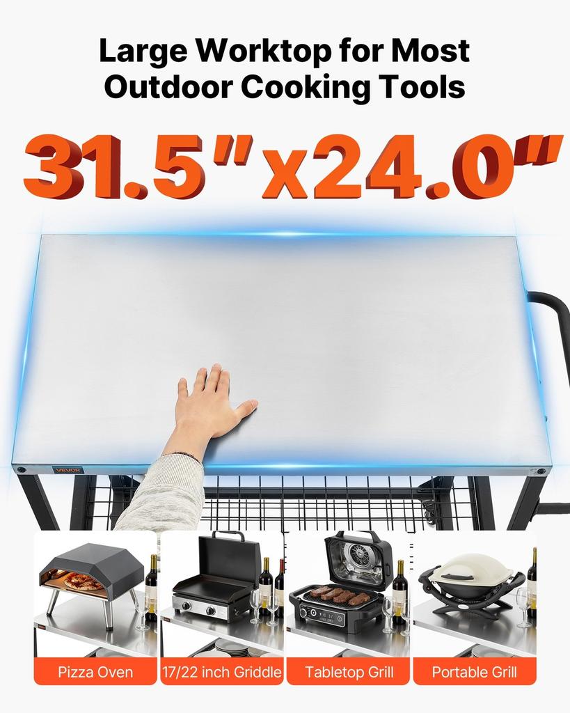 Carro para Parrilla Exterior, Mesa de Parrilla de Acero Inoxidable de 800 x 610 mm, Mesa de Cocina para Exteriores con 4 Ruedas y Asa Lateral, Dos Estantes de Malla, Barbacoa