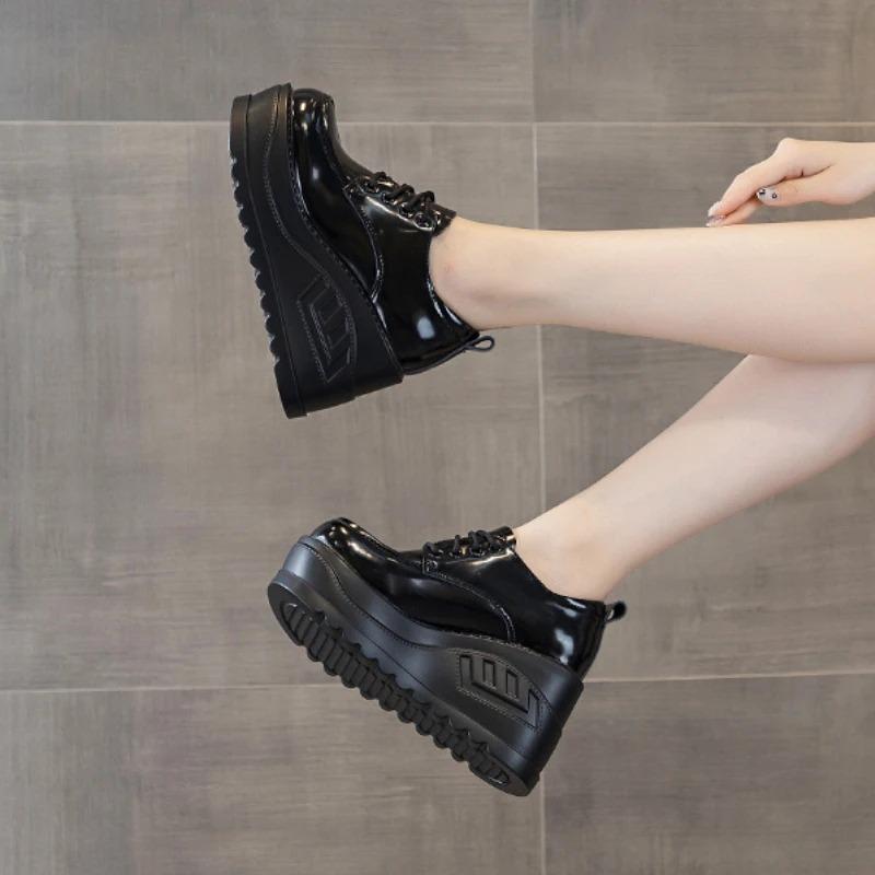 Fashion 10cm Patent Genuine Leather Breathable Pumps Mary Jane Casual Platform Wedge Chunky Heels Lace Up Pumps Ankle Boots Shoes