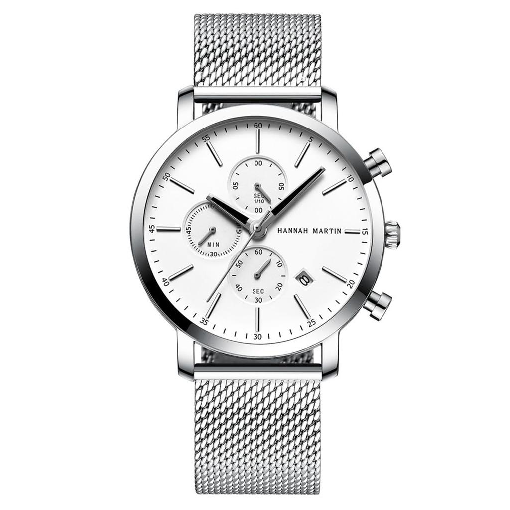 Hannah Martin Chronograph Quartz Stainless Black Men's Watch, Steel, Waterproof, Business, Stylish, Simple, Popular, Gift, (Silver)