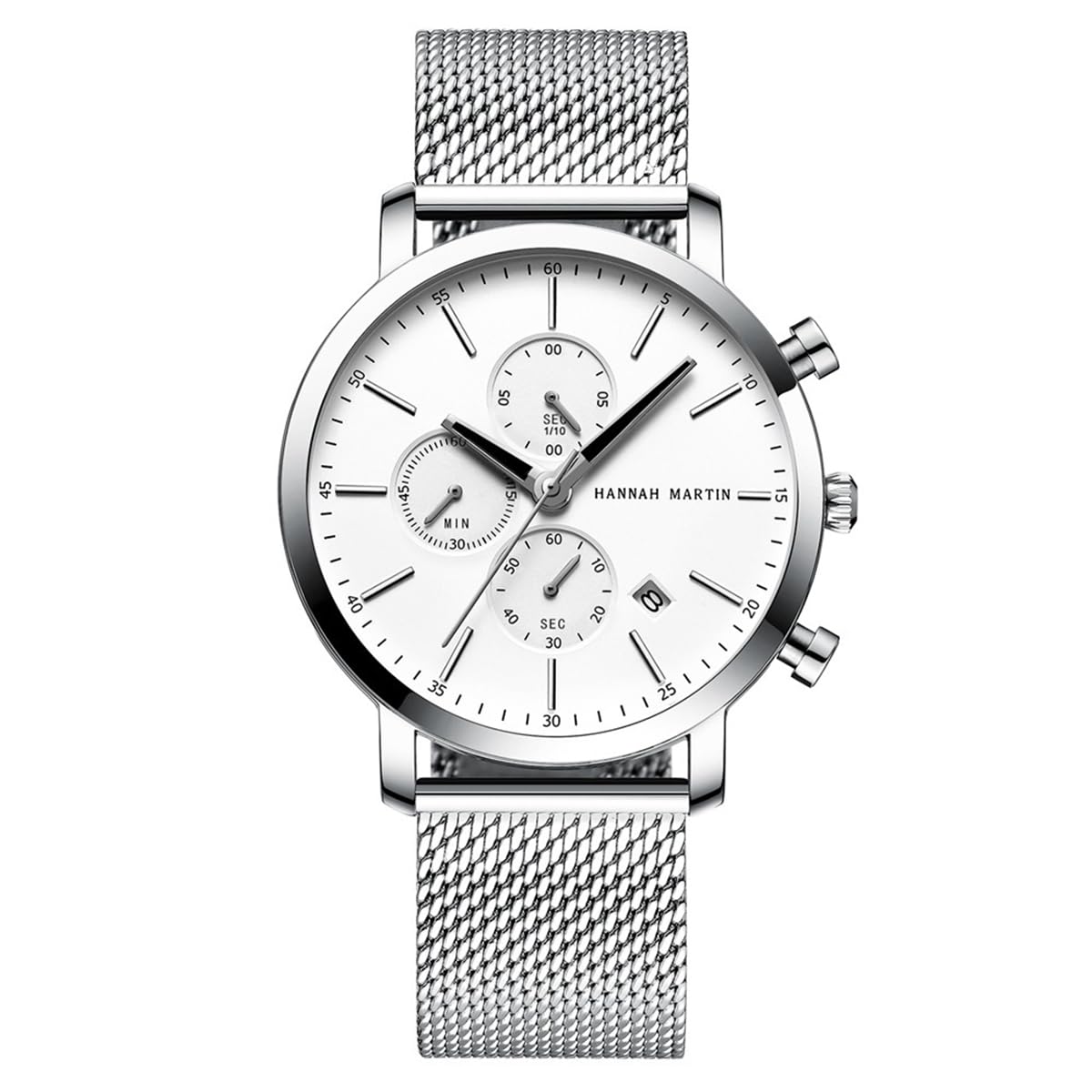 Hannah Martin Chronograph Quartz Stainless Black Men s Watch, Steel, Waterproof, Business, Stylish, Simple, Popular, Gift, (Silver)