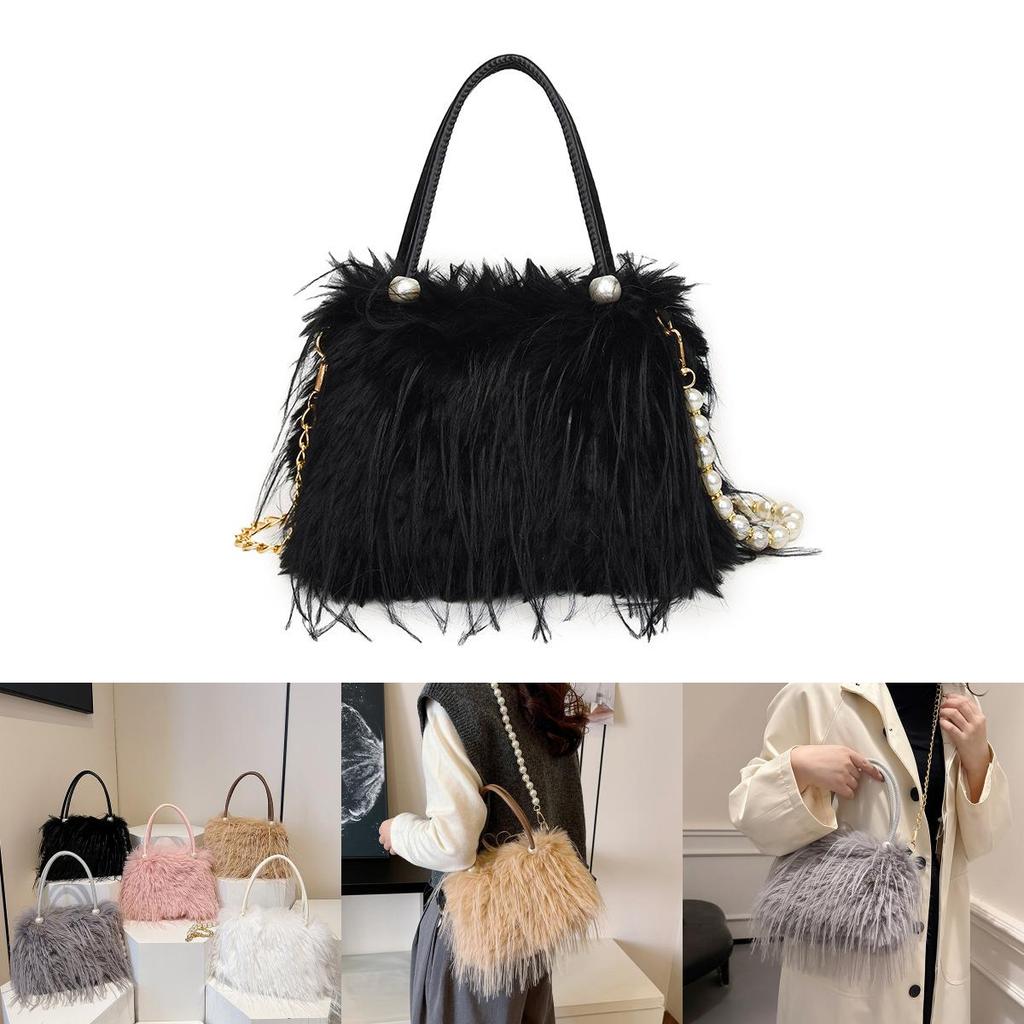 Solid Color Plush Handbag With Zipper And Chain For Casual Daily Use