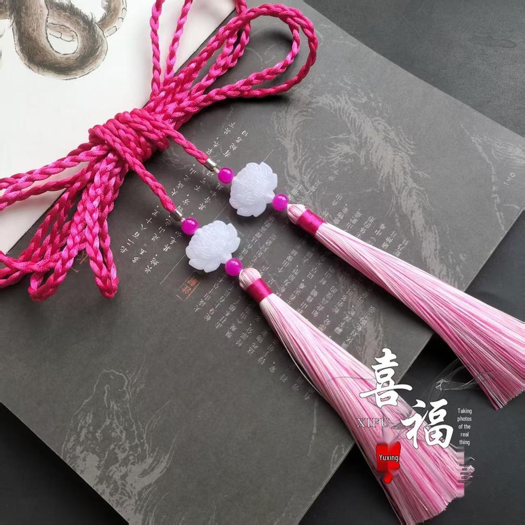 Ming Dynasty Daoist Robe Waist Rope with Jade Pendant Tassel - Unisex Hanfu Palace Ribbon Accessory