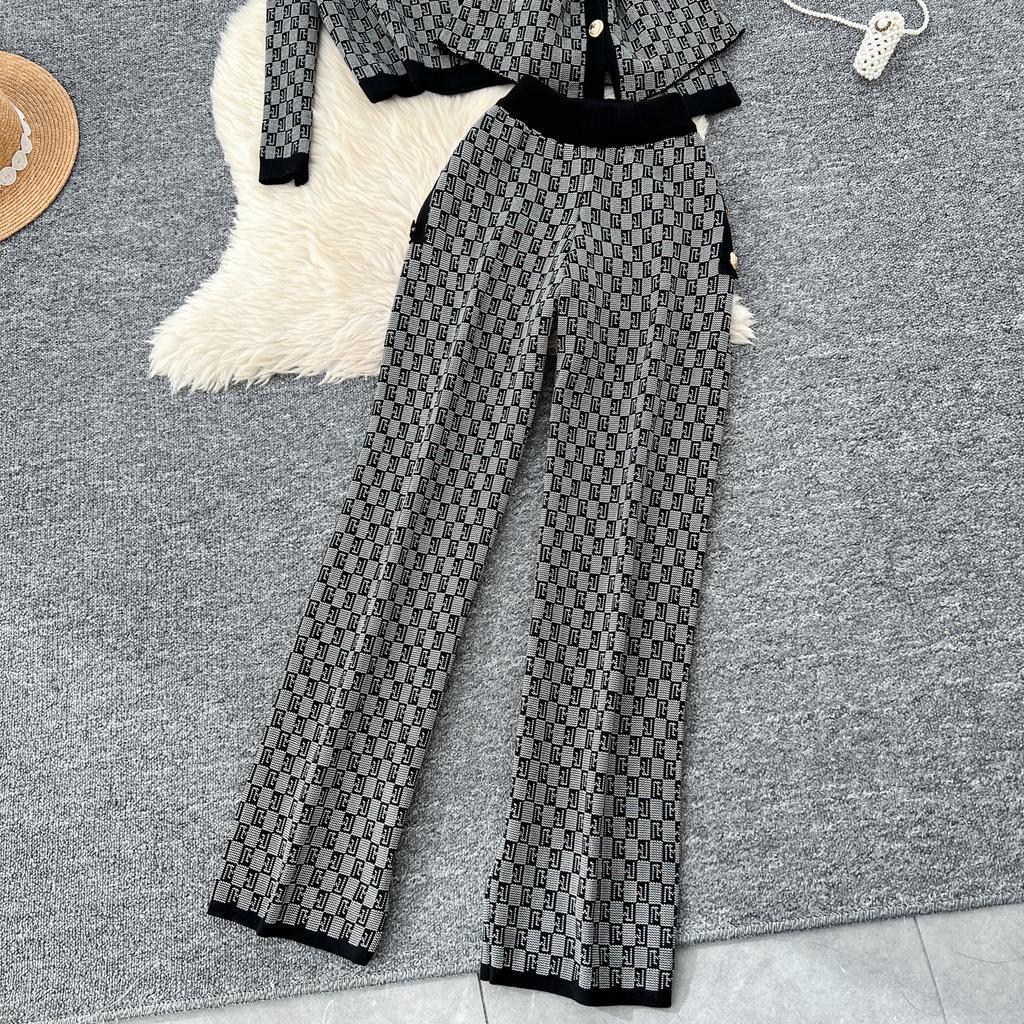 Winter Vintage Plaid Print Sweater Suits Women Knit Cardigan Elastic Long Pants American Retro Autumn Casual Three Pieces Sets