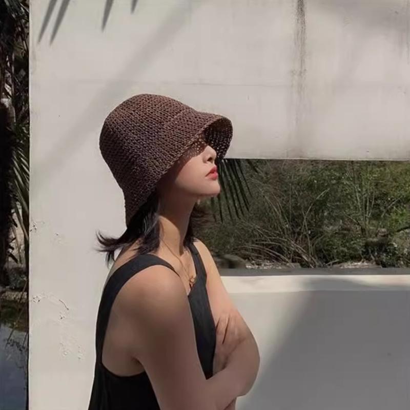 Natural Straw Summer Hat Packable Travel Handwoven Bucket Caps Sun Protection Beach Accessory