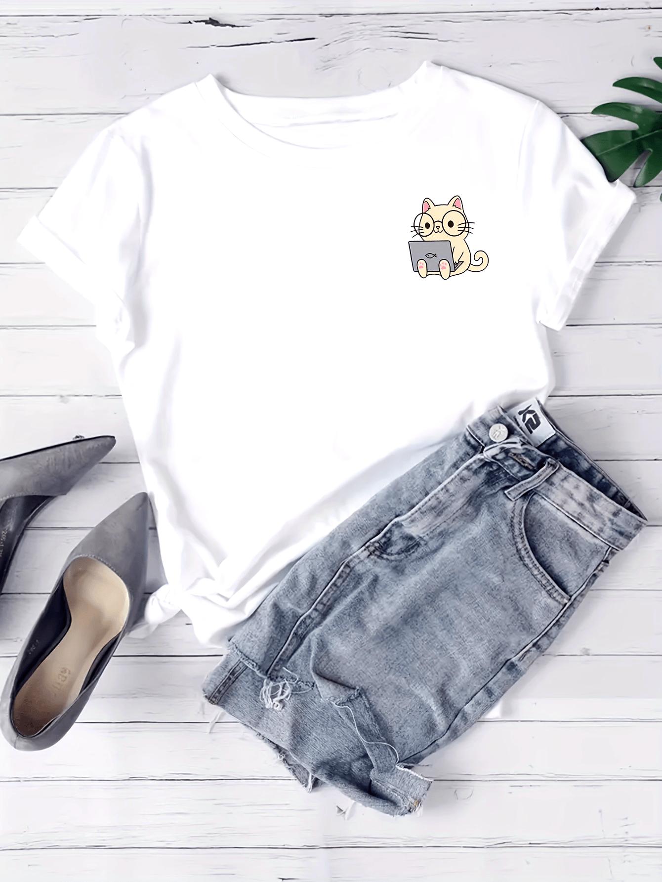 2026 New Nerd Neko Cute Cat Working On Laptop Tshirt Unisexs And Unisexs Summer Daily Casual Cotton Printed T Shirt M