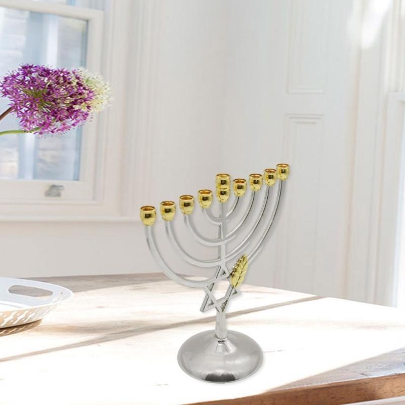 62KD Hanuka Menóra 9 Ágú Gyertyatartó Állvány Kandeláberek Vintage Arany Levél Galvanizált Állvány Dekor