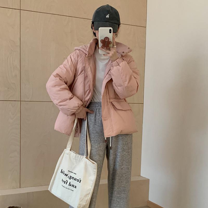 Fashion sweet drawstring down jacket women's short winter new hooded waist thin small warm jacket