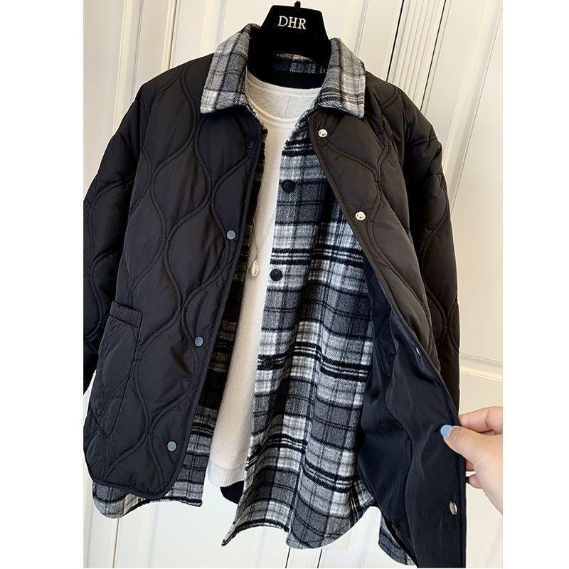 Cotton-padded clothes in autumn and winter, new thickened and loose students splicing retro plaid shirts, fake two-piece cotton jackets for women