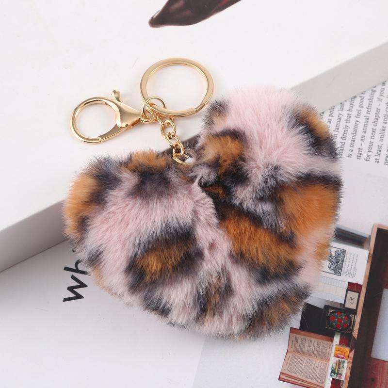 Fashion Cute Fluffy Heart Fur Keychain Soft Plush Leopard Print Pendants Kawaii Bag Car Charm Stuffed Toy Valentine'S Day Gifts