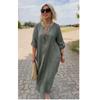 Women's Summer Cotton Linen Maxi Dress V Neck Long Sleeve Loose Fit Solid Color Casual Daily Vacation Dress