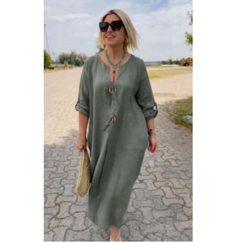 Women's Summer Cotton Linen Maxi Dress V Neck Long Sleeve Loose Fit Solid Color Casual Daily Vacation Dress