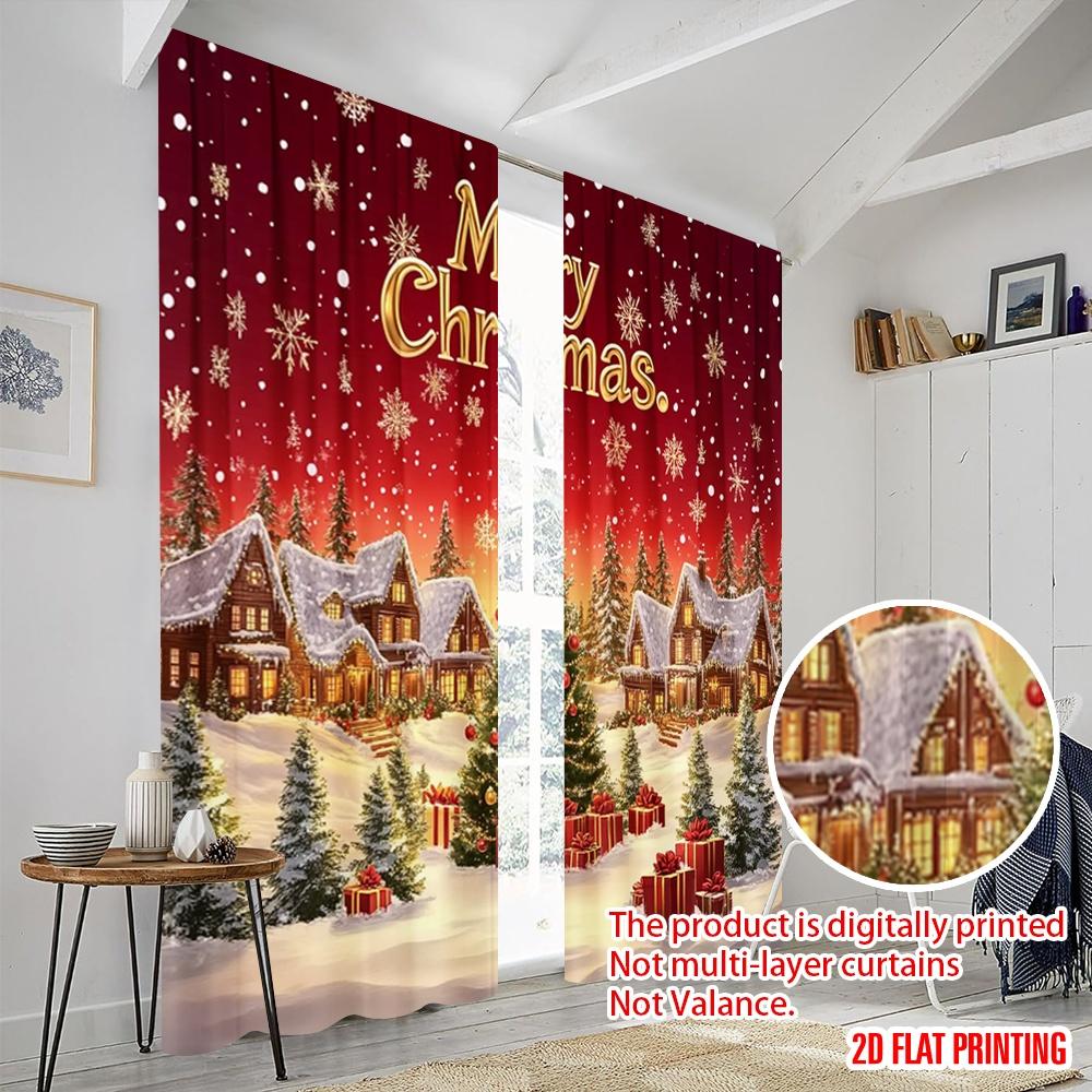 2pcs,2D Plane Printing Window Curtain Merry Christmas Village Scene Polyester Fabric (without Rod) All Seasons Perfect for