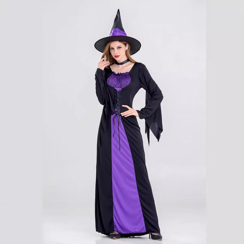 New Halloween witch costume, adult cosplay purple witch dress costume