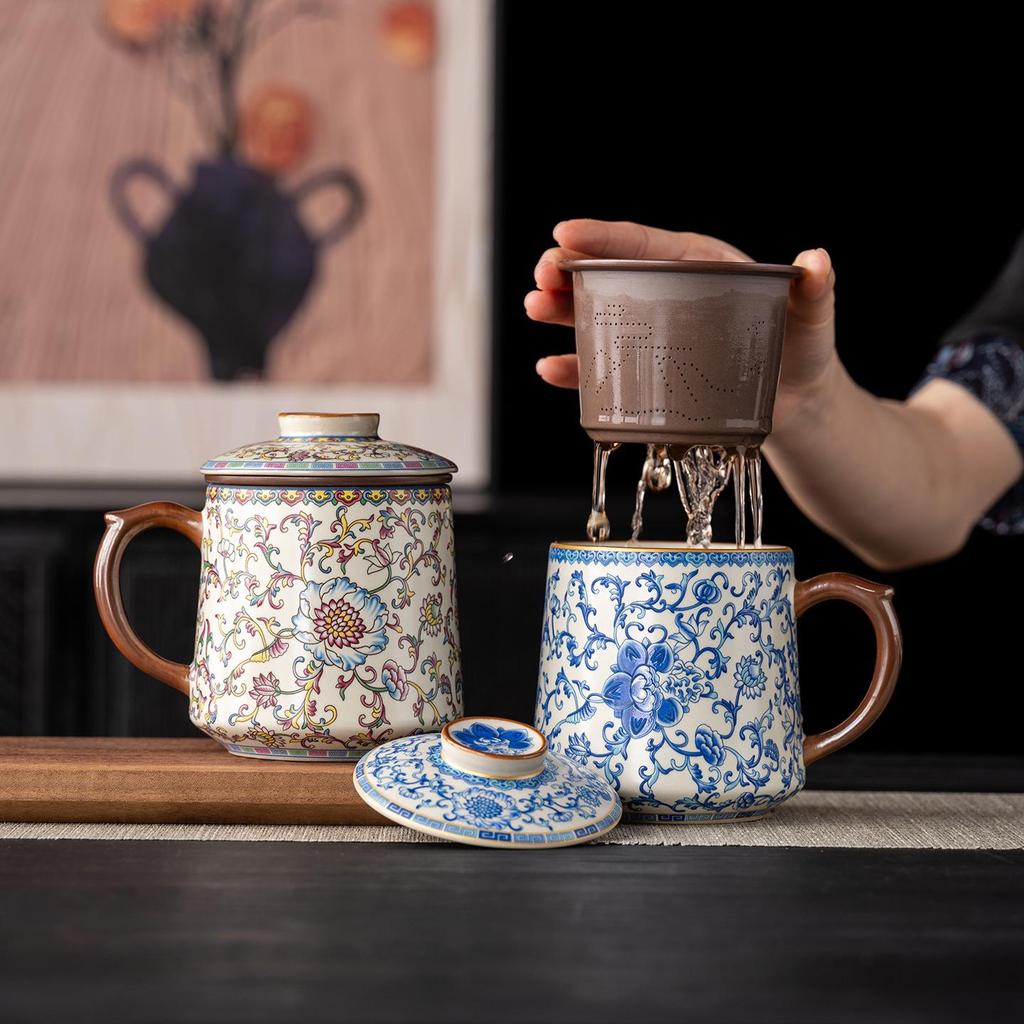 Ru Ware Blue & White Ceramic Office Tea Cup with Lid & Separator