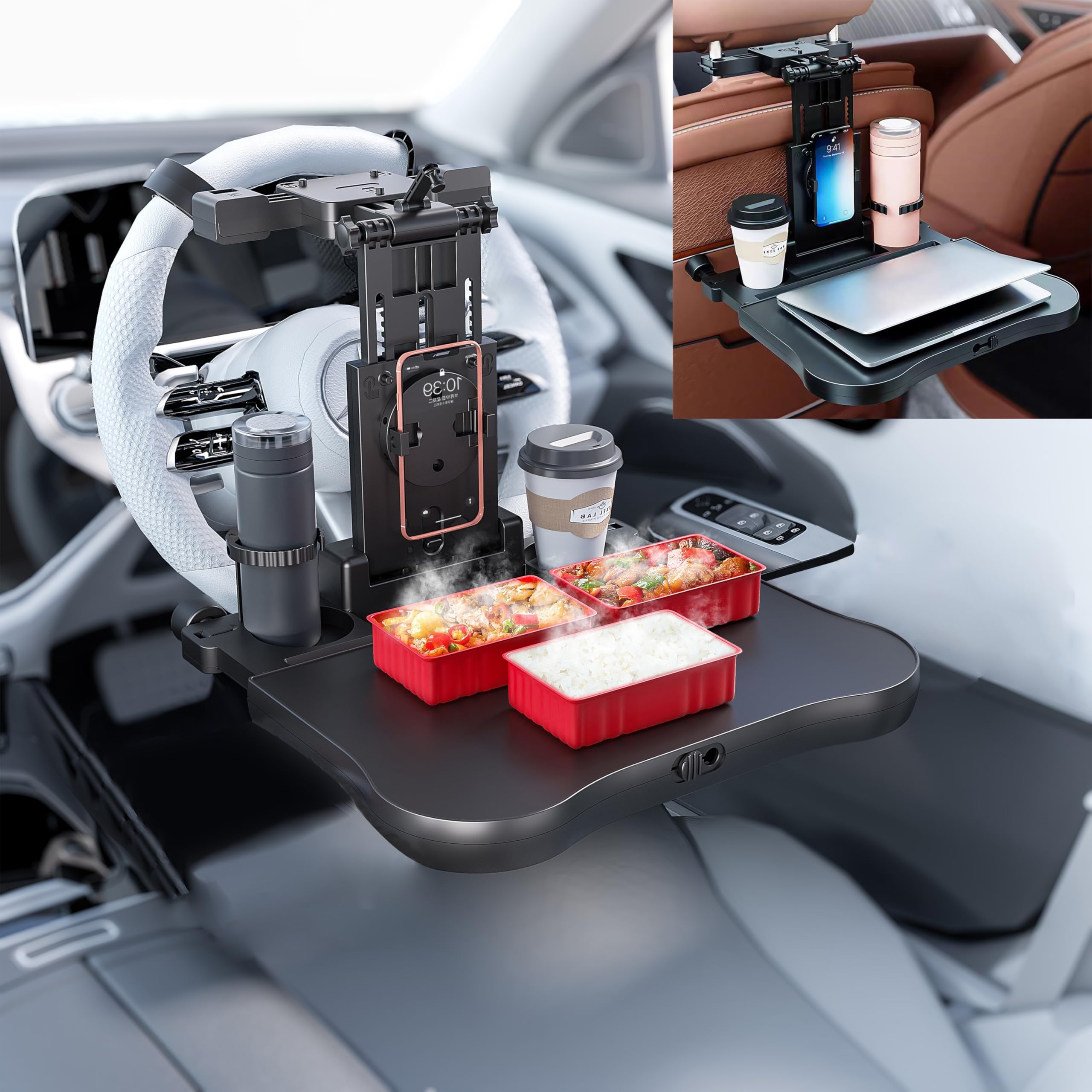 

JASIDA Car Table for Back 2025 Improved with Compatible with Front and Rear Rotating Phone Adjustable Car Desk for Eating and Working in the Car