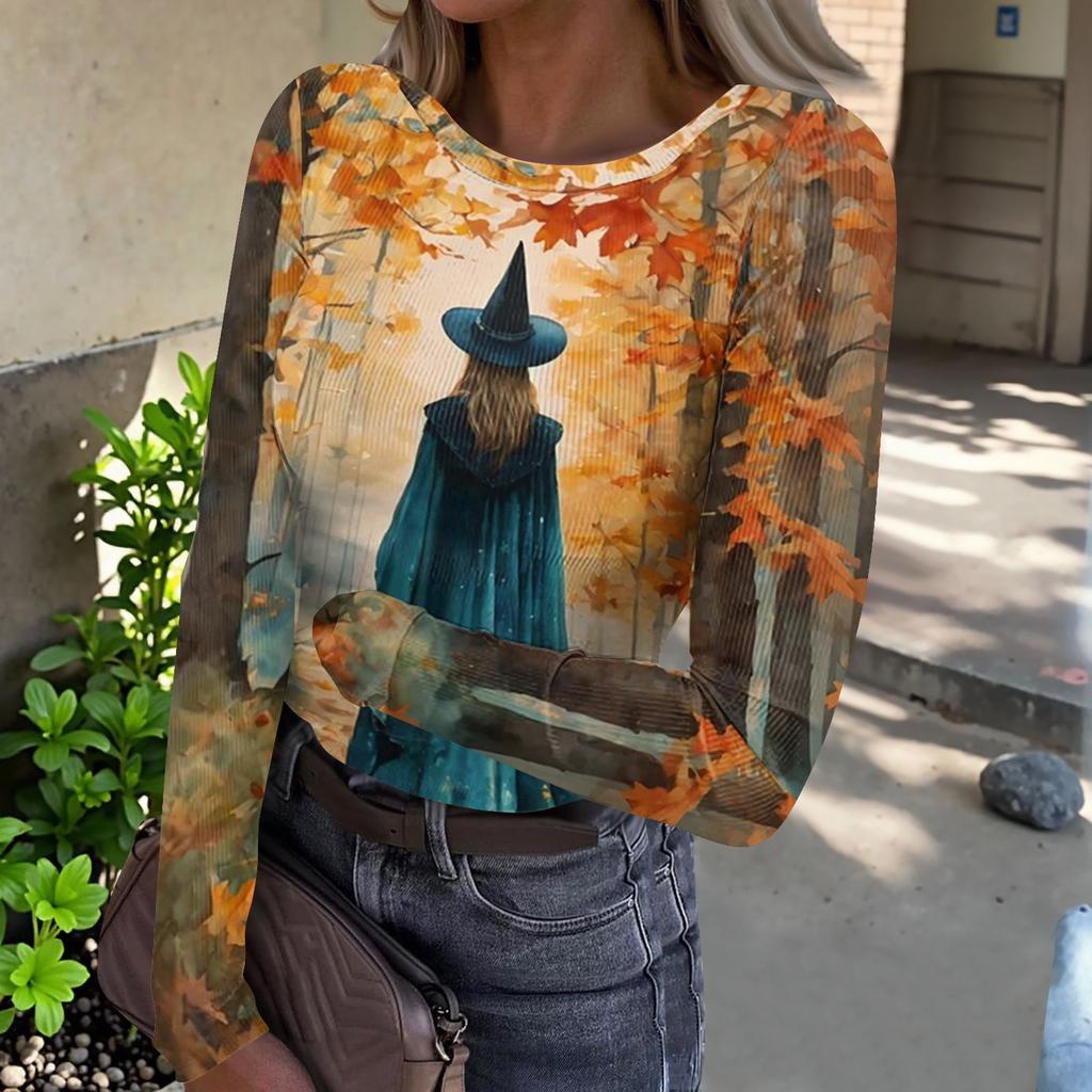 Women's Halloween Printed Round Neck Slim Fit Long Sleeve -Shirt