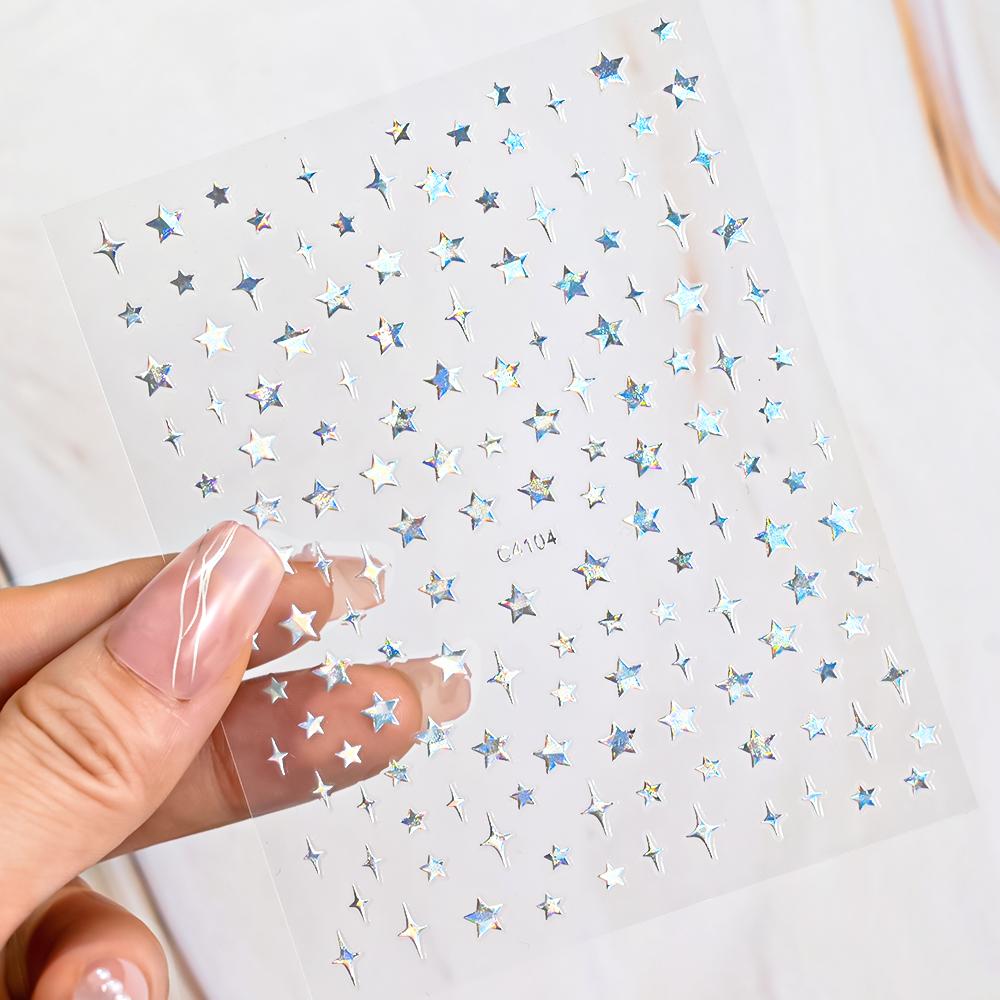 Black White Star 3D Nail Art Sticker Y2K Pentagram Self-Adhesive Decals Laser Shiny Glitters Starlight Manicure Ornaments Slider