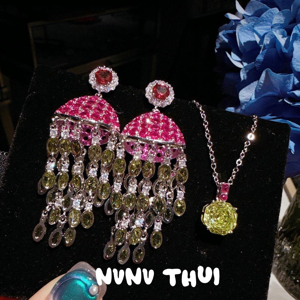 Jewelry Concubine Rose Pink Jellyfish Gemstone Fringed Earrings Banquet Haute Couture Olive Green Ice Flower Cut Zircon Necklace Set