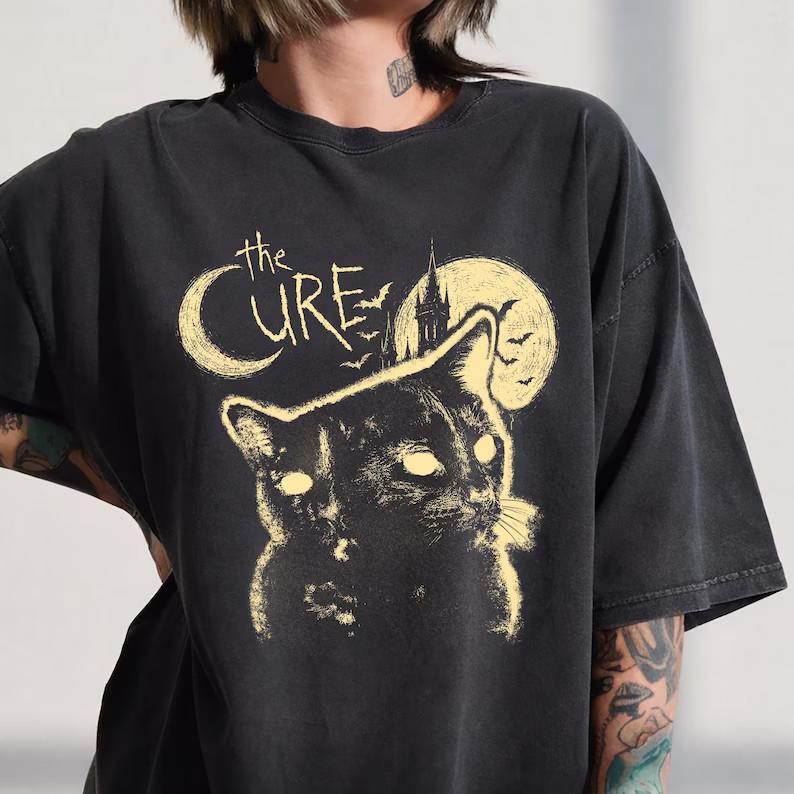La Maglietta del Gatto The Cure, Vintage Anni '90 Alt Indie Rock T-shirt, Grafica Gatto Nero Gotico