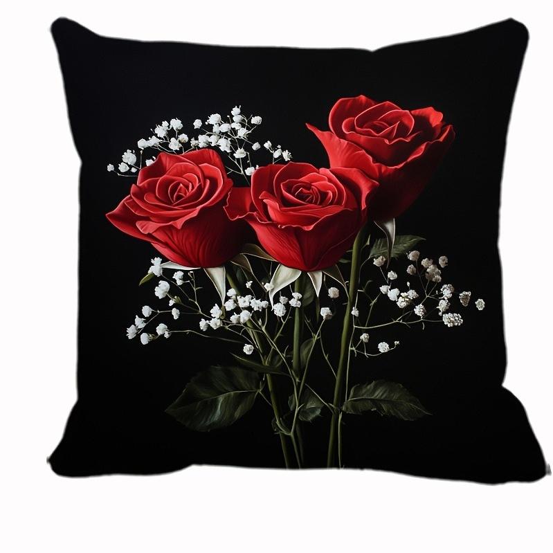 Black Pillowcase Red Roses For Living Room Bedroom Office Car Sofa Decor No Insert 18X18 Inch