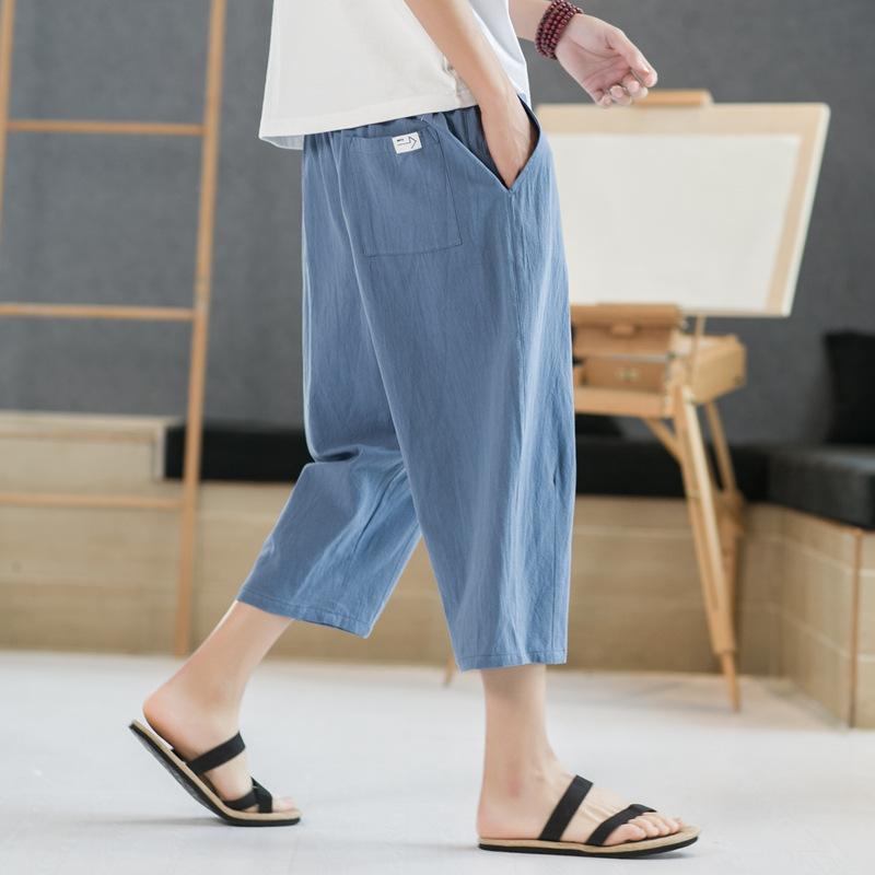 Summer Men's Casual Imitation Linen Seven Quarter Pants, Thin Solid Color Cut Pants, Fashionable Hip-hop Street Sports