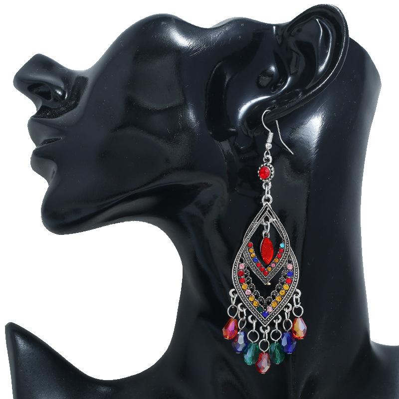 Vintage Chinese Style Crystal Bead Tassel Earrings for Women Long Elegant Hollow Rhinestone Dangle Silver Color Earring Jewelry