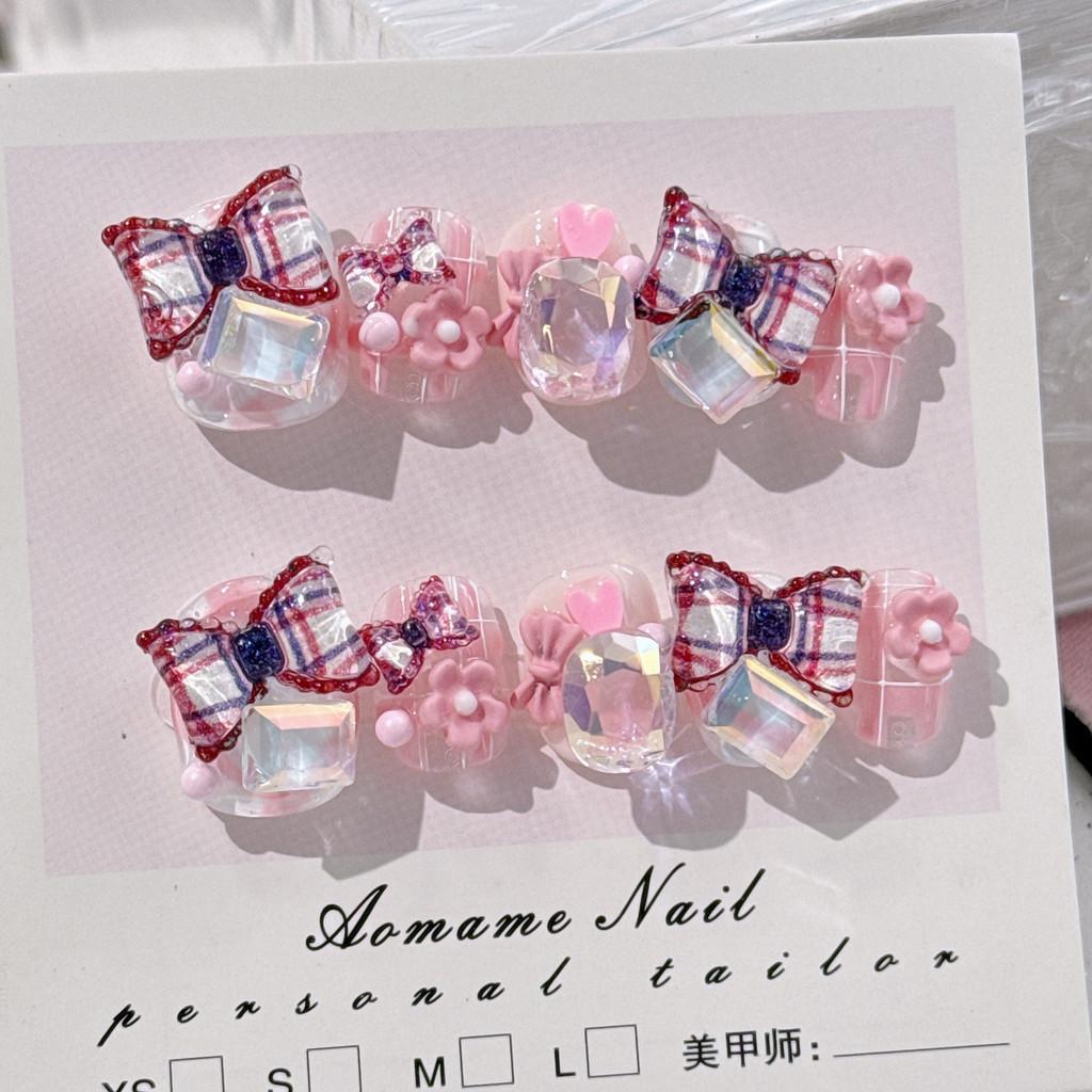 

100% РУЧНАЯ РАБОТА Короткие круглые накладные ногти с клеем, клетчатый бант 3D, глянцевые, милые, короткие, акриловые, прессованные, искусственные ногти, многоразовые ногти M