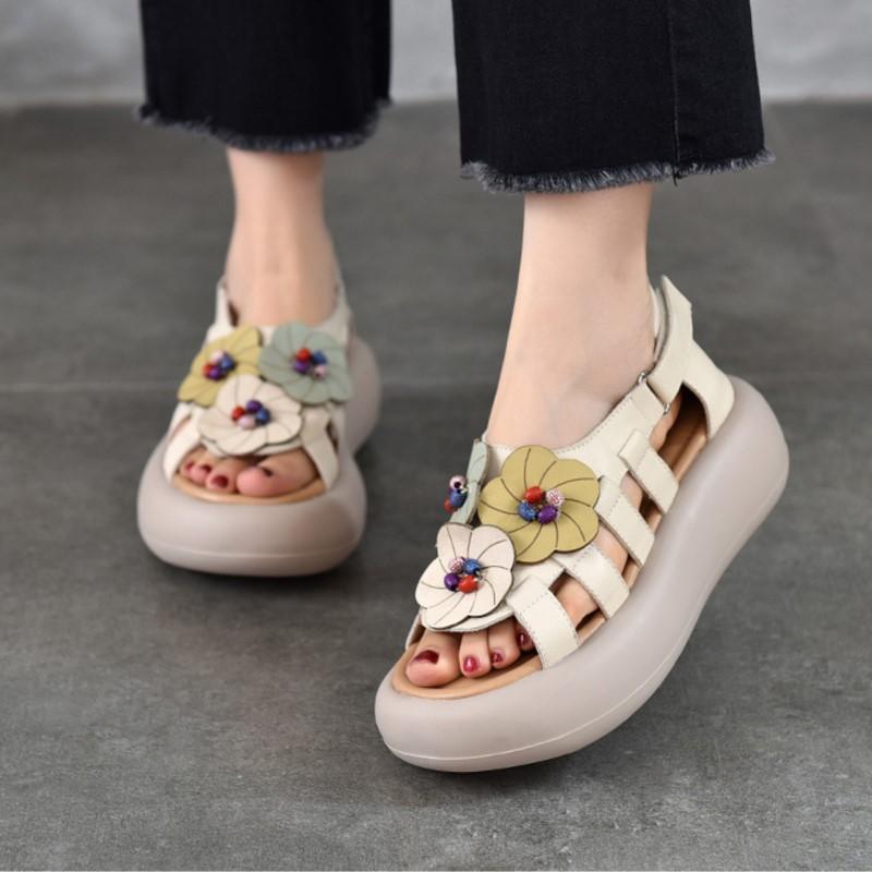 Johnature Retro Genuine Leather Flower Flat Platform Sandals Versatile Soft Soled Women's Shoes
